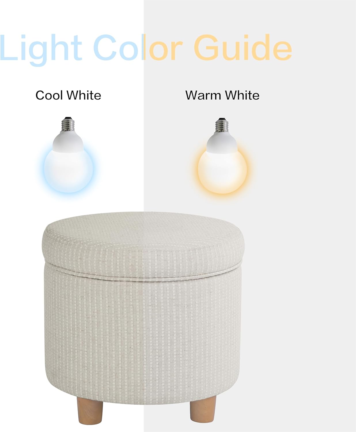 Homepop Home Decor | Upholstered Round Storage Ottoman | Ottoman with Storage for Living Room & Bedroom, White Woven Stripe