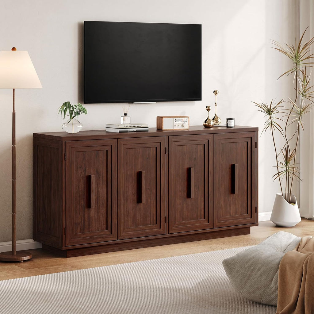 ONBRILL 63 Inch Sideboard Buffet Cabinet with Storage, Large Coffee Bar Cabinet with 4 Doors, Adjustable Shelves, Credenza Storage Cabinets for Kitchen, Living Room, Entryway, Dark Walnut
