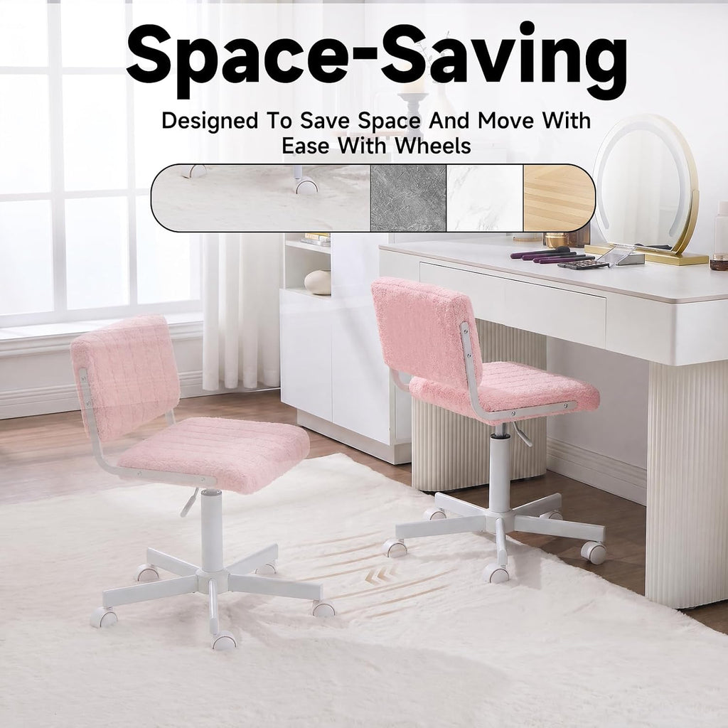 Office Chair Vanity Chair with Wheels, Comfy Small Desk Chair Vanity Chair with Back, Cute Teddy Armless Adjustable Swivel Chair for Bedroom Home Computer Task, Pink