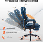 Big Tall Reclining Office Chair with Footrest, 400lbs Ergonomic Recliner Office Desk Chairs with Lumbar Support, Heavy Duty High Back Vintage Leather Executive Computer Chair with Wheels, Blue