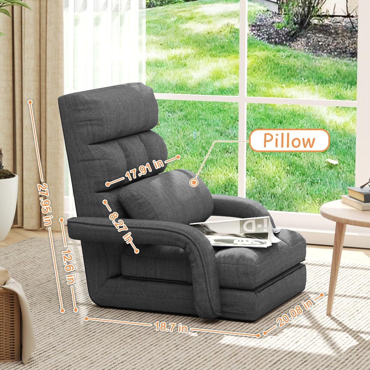 Floor Gaming Chair, 6 Position Adjustable Indoor Chaise Lounge Chair for Teens Adults, Padded Folding Meditation Sofa Chair with Armrests and Pillow Comfy Chair for Teens, Adults, Pets - Black