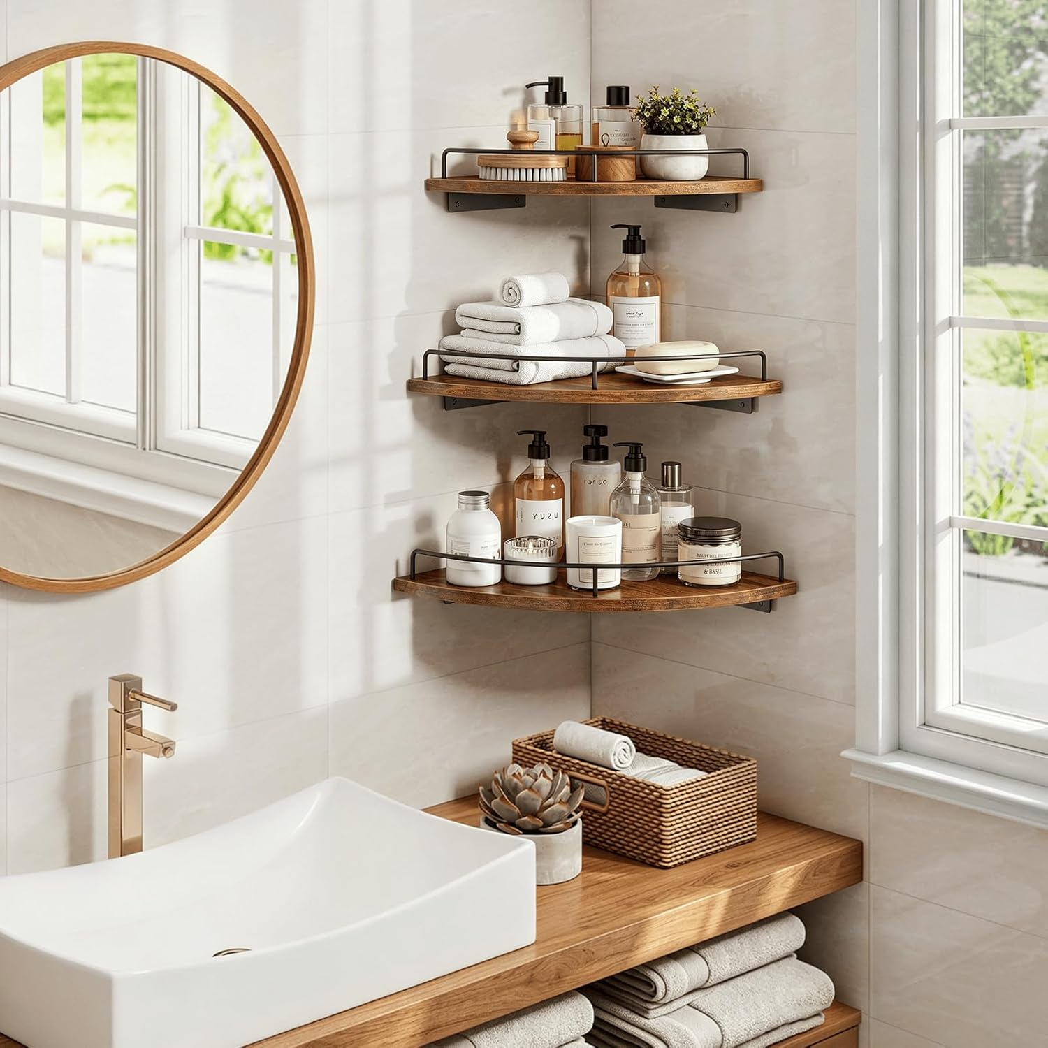 Homode Corner Shelf Wall Mounted Set of 3, Corner Floating Shelves 9/10/12 Inch Deep, Wood Round Corner Hanging Display Shelf with Guardrail for Bathroom Bedroom Kitchen Living Room, Rustic Brown