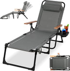 Beach Lounge Chair, Folding Outdoor Chaise Lounge Chair with Arms, 4-Position Backrest, Extended Sun Tanning Chair Pillow & Cup Holder, Patio Lounger for Outside for Beach Pool Patio Yard (Gray)
