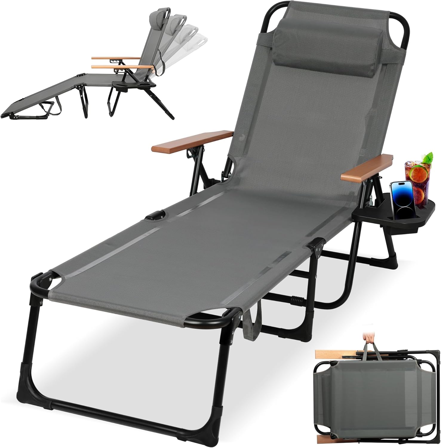 Beach Lounge Chair, Folding Outdoor Chaise Lounge Chair with Arms, 4-Position Backrest, Extended Sun Tanning Chair Pillow & Cup Holder, Patio Lounger for Outside for Beach Pool Patio Yard (Gray)