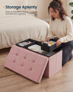 SONGMICS HOME Ottoman with Storage, Removable Lid, Folding Storage Chest, Easy Assembly, for Entryway, Bedroom, Living Room, 15.2 x 30.2 x 15.2 Inches, Velvet, Pink