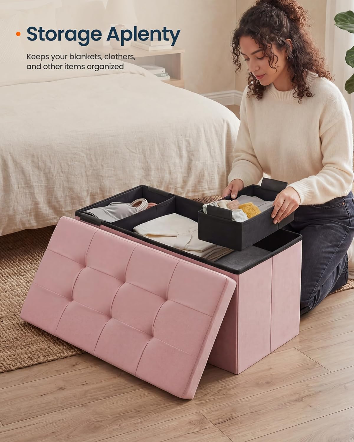 SONGMICS HOME Ottoman with Storage, Removable Lid, Folding Storage Chest, Easy Assembly, for Entryway, Bedroom, Living Room, 15.2 x 30.2 x 15.2 Inches, Velvet, Pink