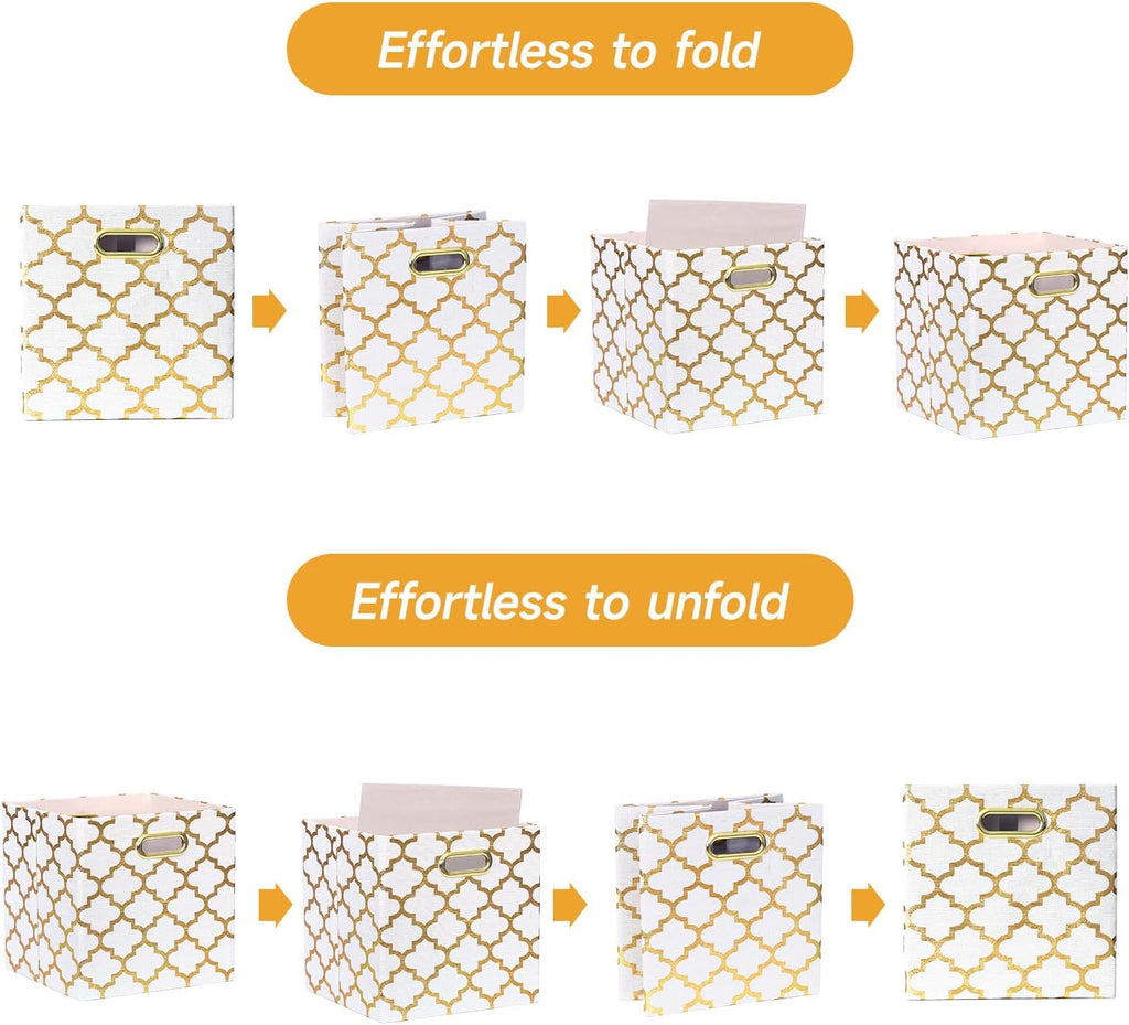 Posprica 13x13x13 Storage Cube Bins, Collapsible Storage Bins Fabric Storage Cubes Organizer Baskets Box Drawers for Shelves, Closet, Wardrobe, Bookshelf, Cabinet, Cream/Gold Lantern, 4 Pack