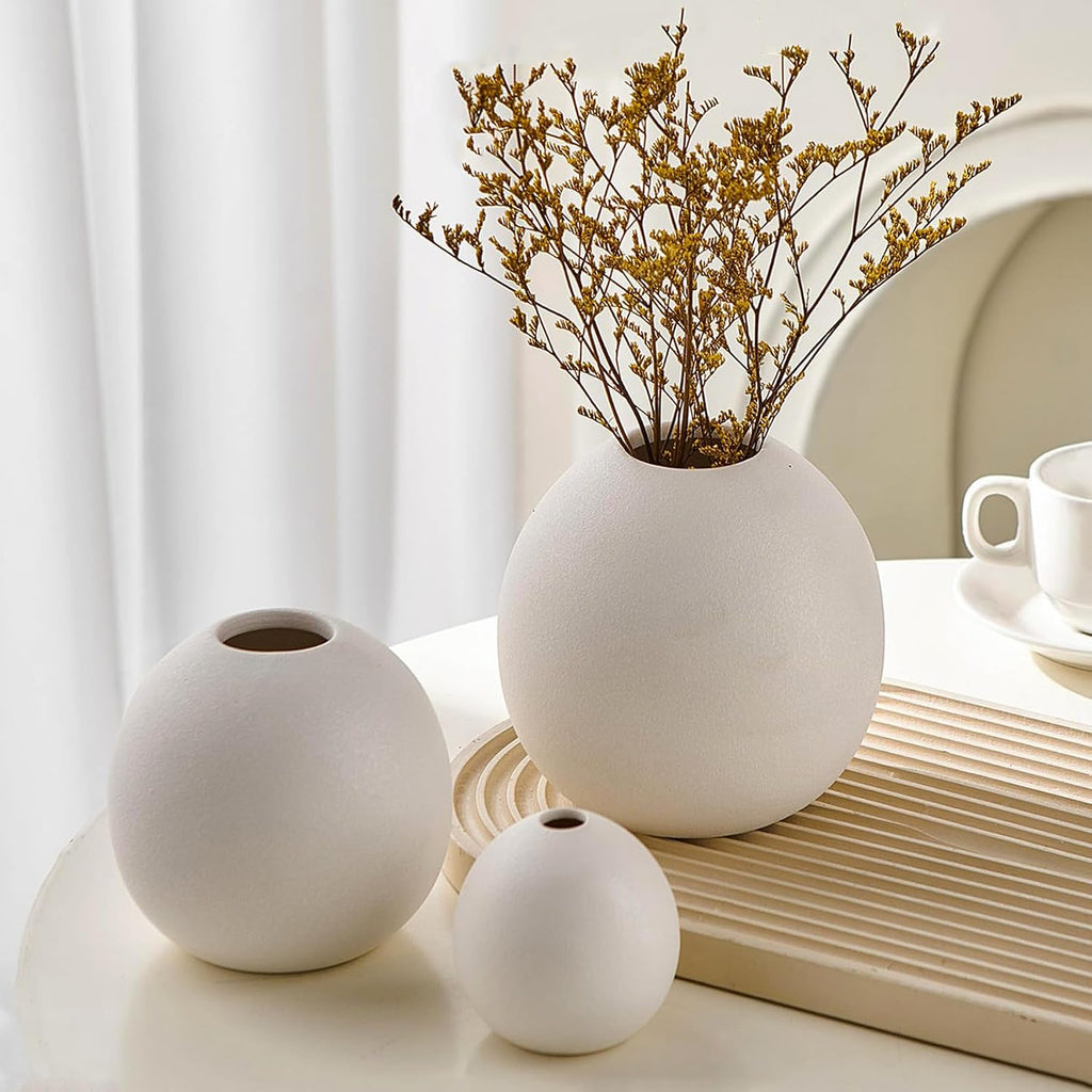 Ceramic Vase Set of 3 for Modern Home Decor, Boho Vase White Round Vase Minimalist Decorative Vase for Table Centerpiece Wedding Dining Living Room Office Entryway Coffee Table Decor