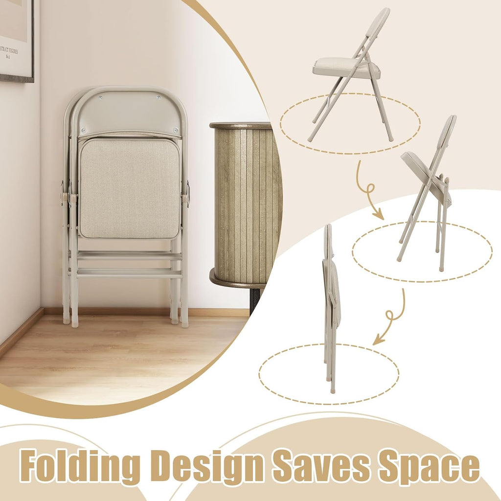 GOFLAME 6 Pack Folding Chairs, Fabric Dining Chair Set with Padded Seat & Metal Frame, Indoor Outdoor Upholstered Commercial Seat for Home Office Events Wedding Party, Beige