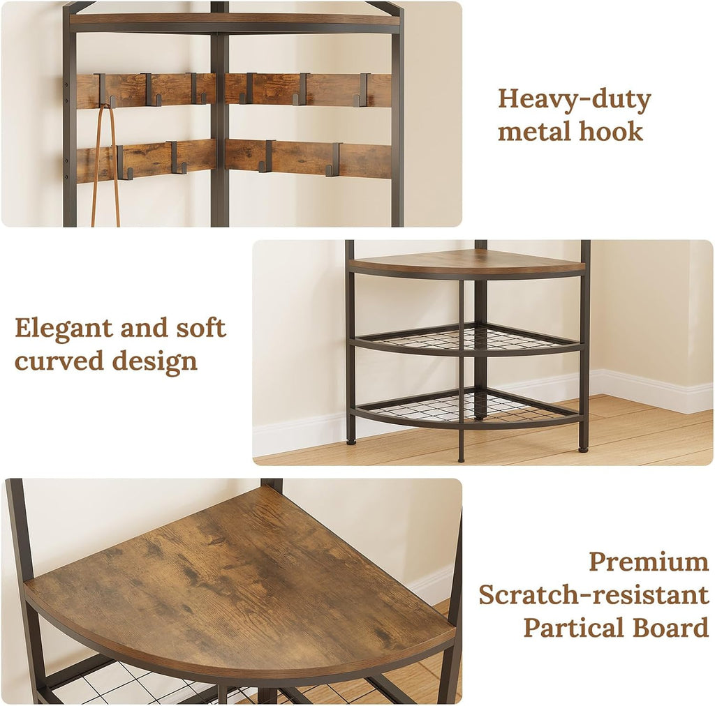 GiftGo Corner Hall Tree with Shoe Bench Entryway Coat Rack with 10 Metal Movable Hooks Floor Standing Clothes Rack Shoes Shelf Organizer for Home Office Bedroom (Rustic Brown)