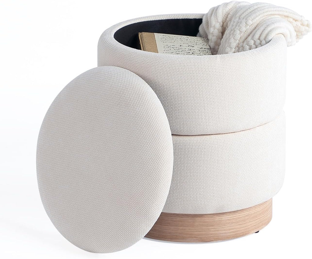 Get Set Style Round Ottoman with Storage, Modern Linen Ottoman Upholstered Foot Stools with Wood Base, Vanity Stool Chair, Footrest Stool Extra Seat for Living Room Bedroom Entryway (Beige)