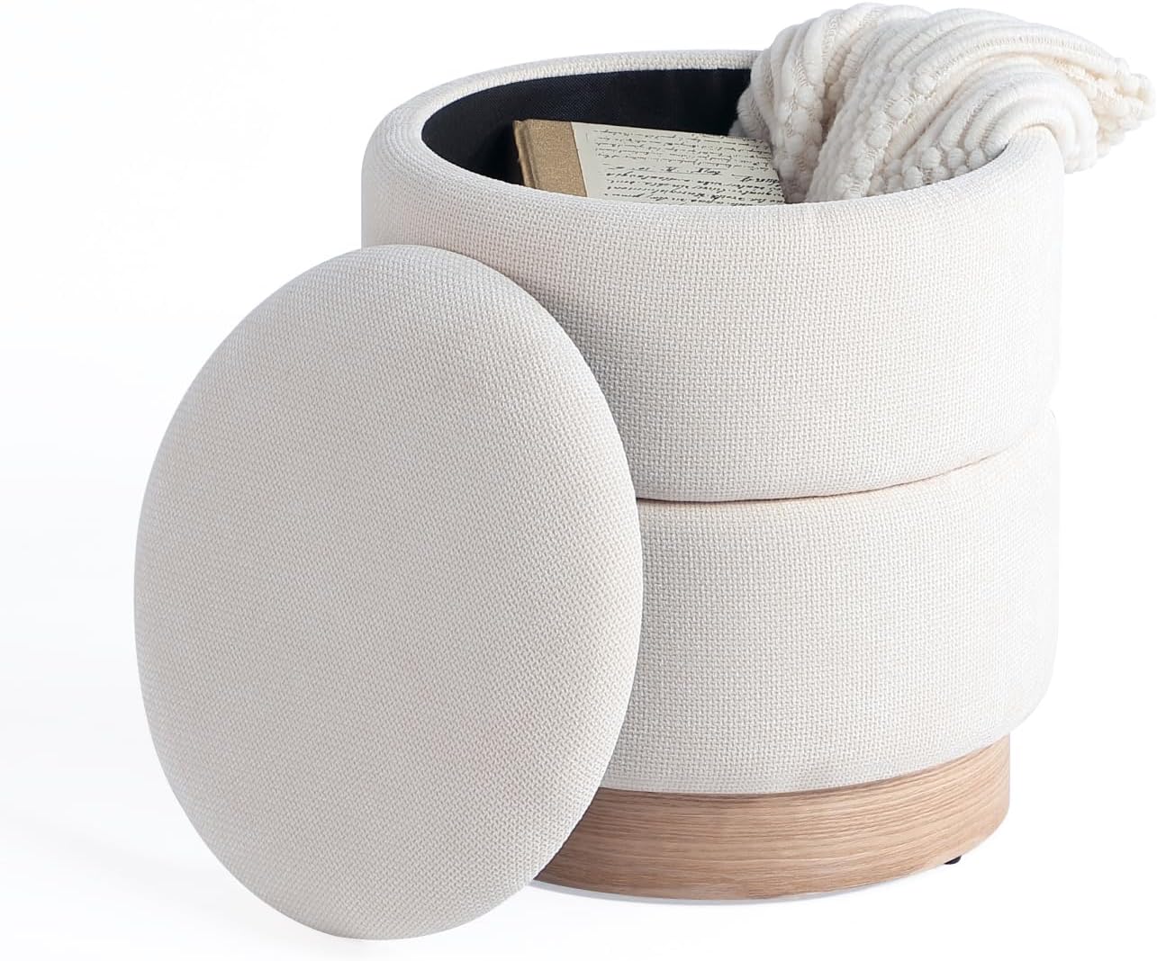 Get Set Style Round Ottoman with Storage, Modern Linen Ottoman Upholstered Foot Stools with Wood Base, Vanity Stool Chair, Footrest Stool Extra Seat for Living Room Bedroom Entryway (Beige)