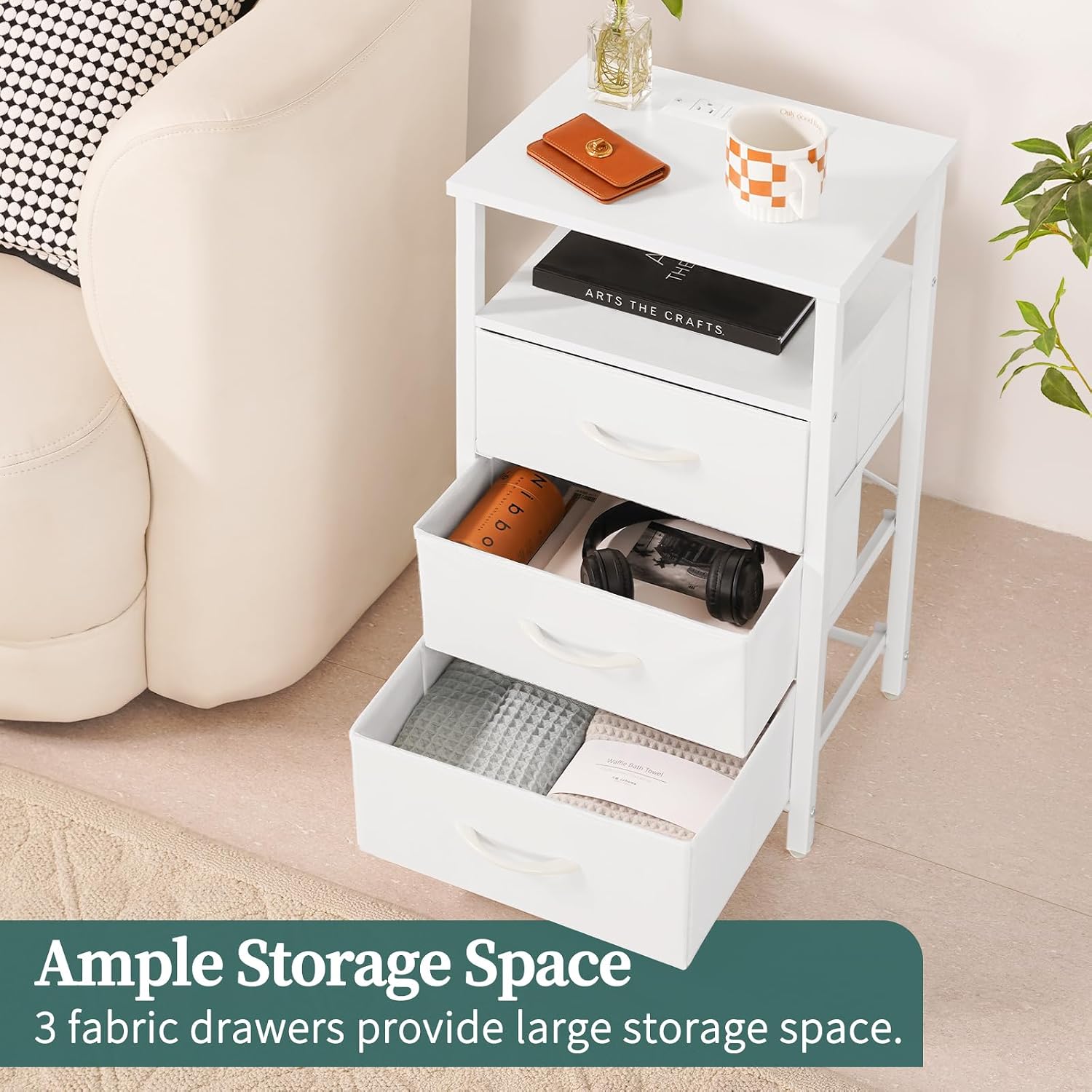 Yoobure Night Stand with Charging Station, 16 Colors LED Nightstand with USB Ports and Outlets, End Table with 3 Fabric Drawers and Storage Shelf, Bedside Tables Small Dresser for Small Space White