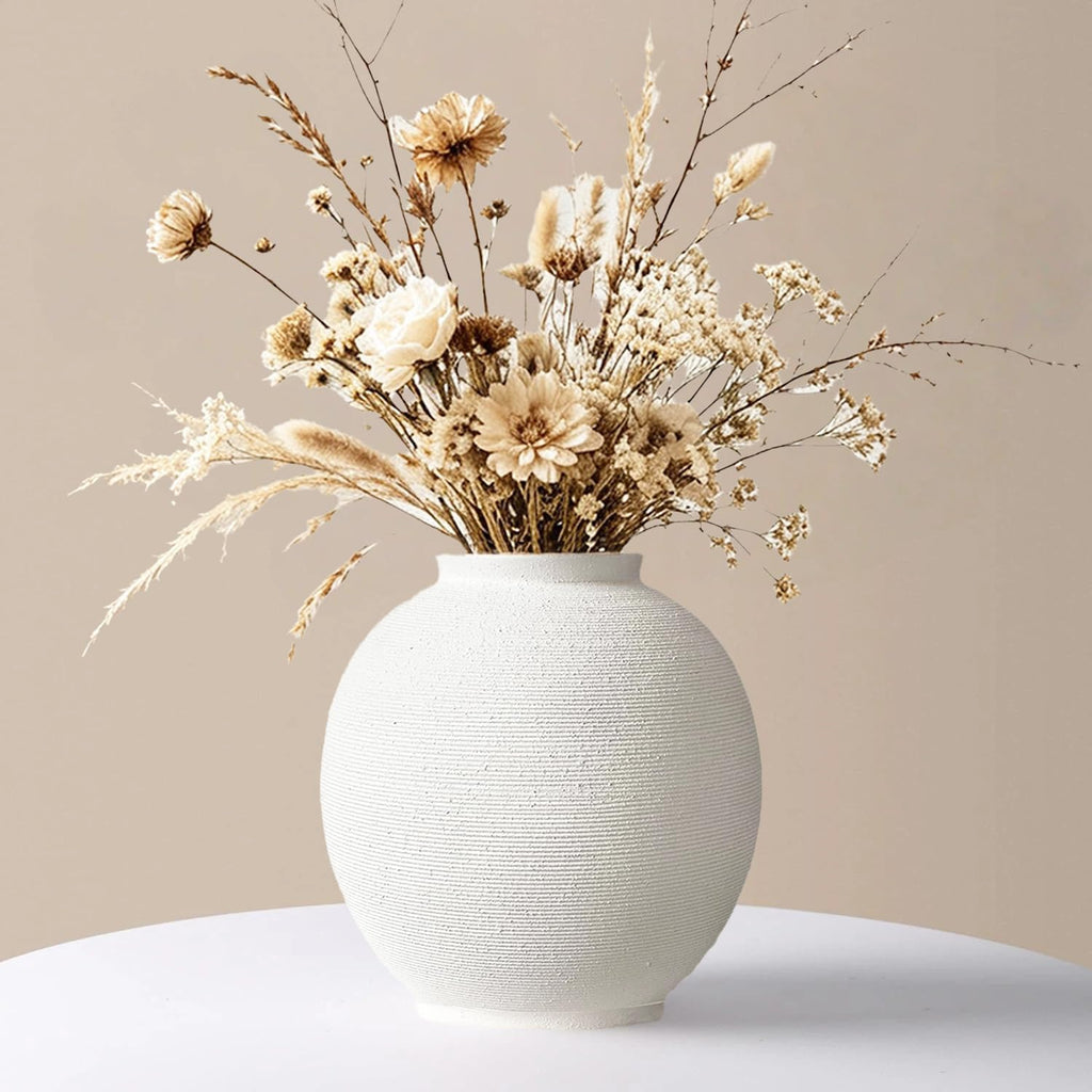 Large White Ceramic Vase, 10.8" Sandstone White | Round Rustic Table Vase, Farmhouse Style, Minimalist Hand-made, Textured, Home Decor