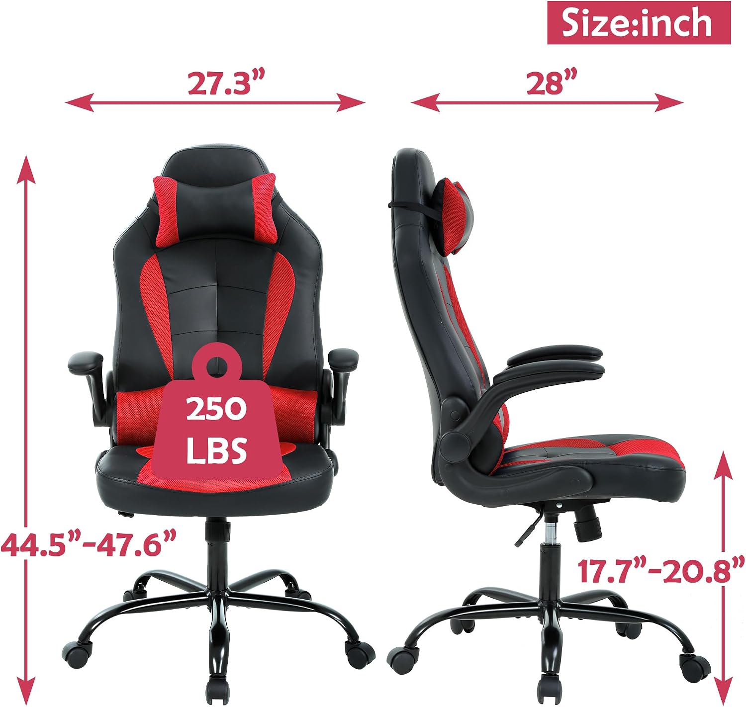 Adjustable Armrest PC Game Chair, Red, PU Leather Swivel Racing Style Chair with Lumbar Support, Ergonomic Rolling Office Desk Chair, High Back, 250 lbs Weight Capacity