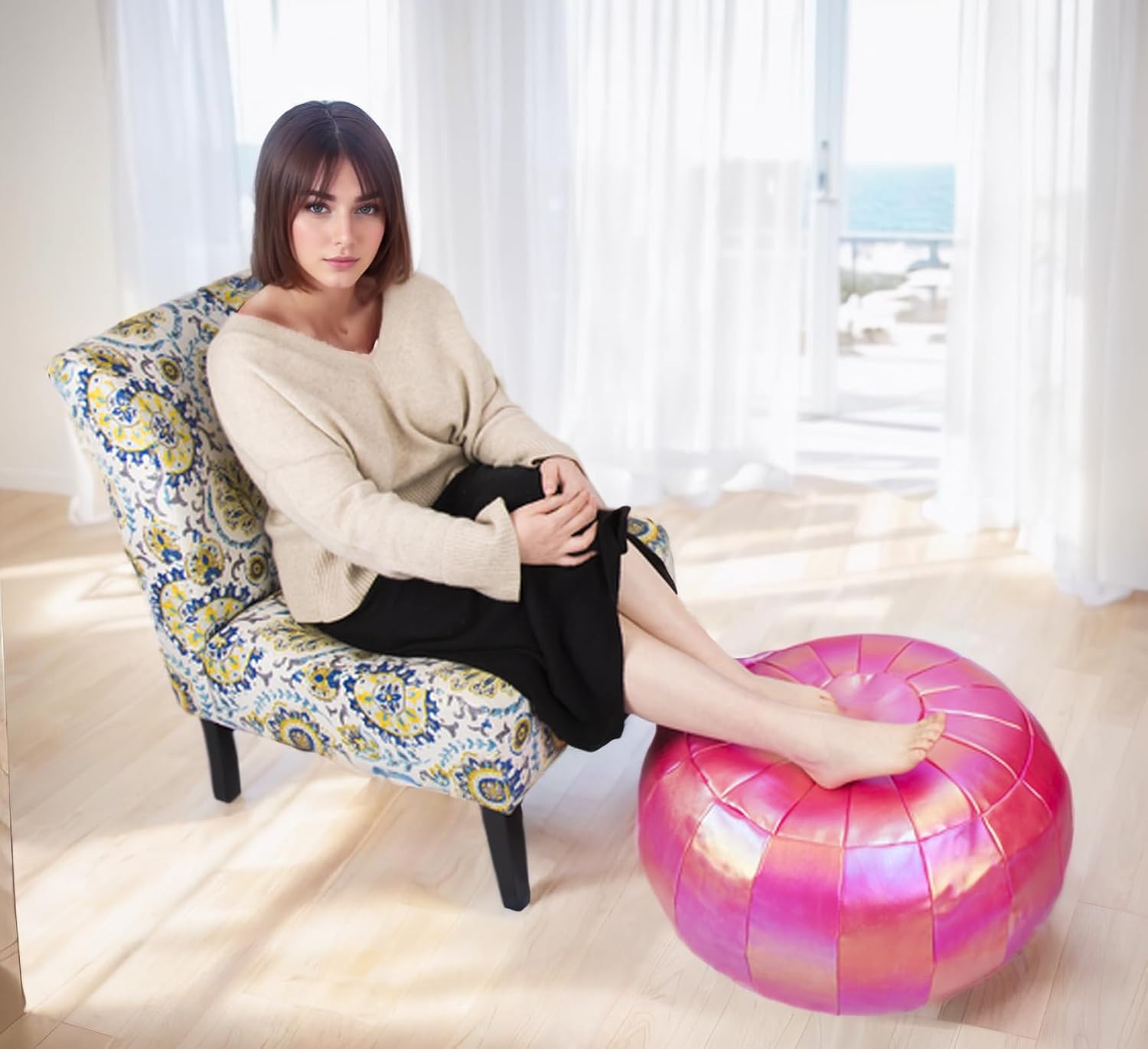 Round Unstuffed Sparkling Pouf Ottoman, Bean Bag Chair, Foot Stool, Foot Rest, Storage Solution (Empty & New) for Living Room (Pink（L）, Large)