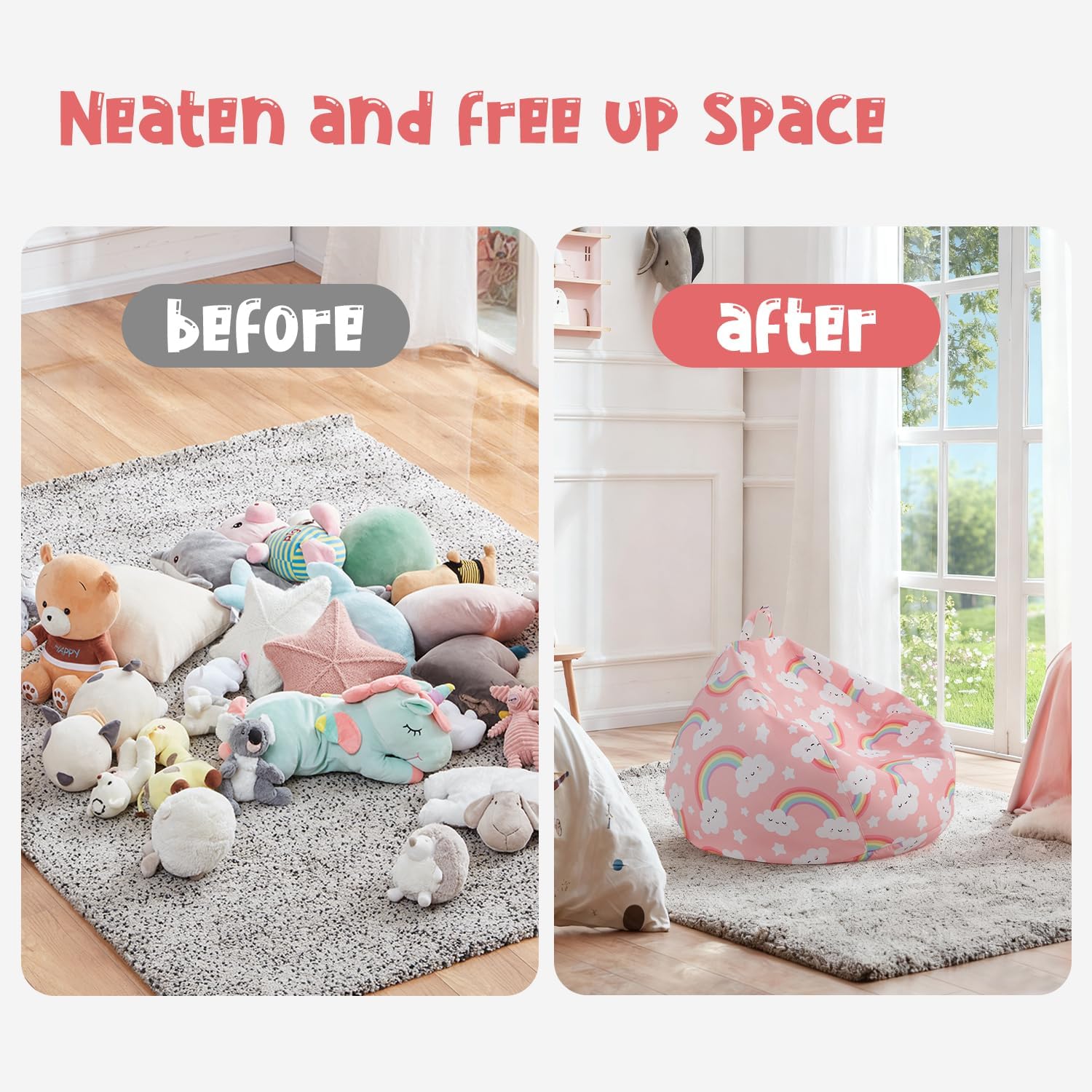 Stuffed Animal Storage Bean Bag Chair Cover Only for Kids Girls Toddler, Large Beanbag Chair Without Filling for Organizing Children Soft Plush Toys
