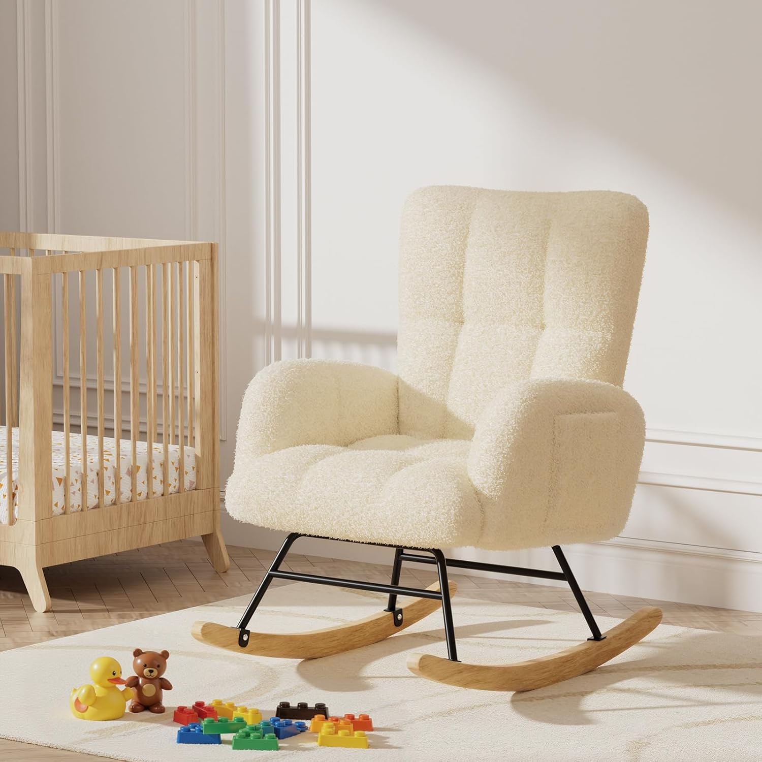 LUCKLIFE Rocking Chair Nursery,Teddy Upholstered Glider with Side Pockets | High Backrest Reading Chair,Modern Accent Chairs for Living Room,Bedroom