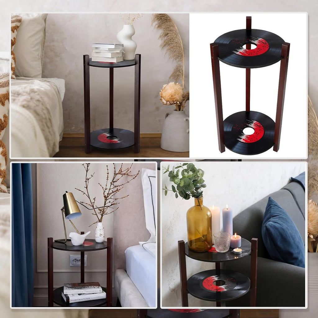 Roowest Vinyl Record Table 2 Tier Round Side Table with Storage Shelf Retro Record Desk Music Theme Home Decoration for Room Bedroom Plant Stand 1950's Rock and Roll Music Birthday Party Decor
