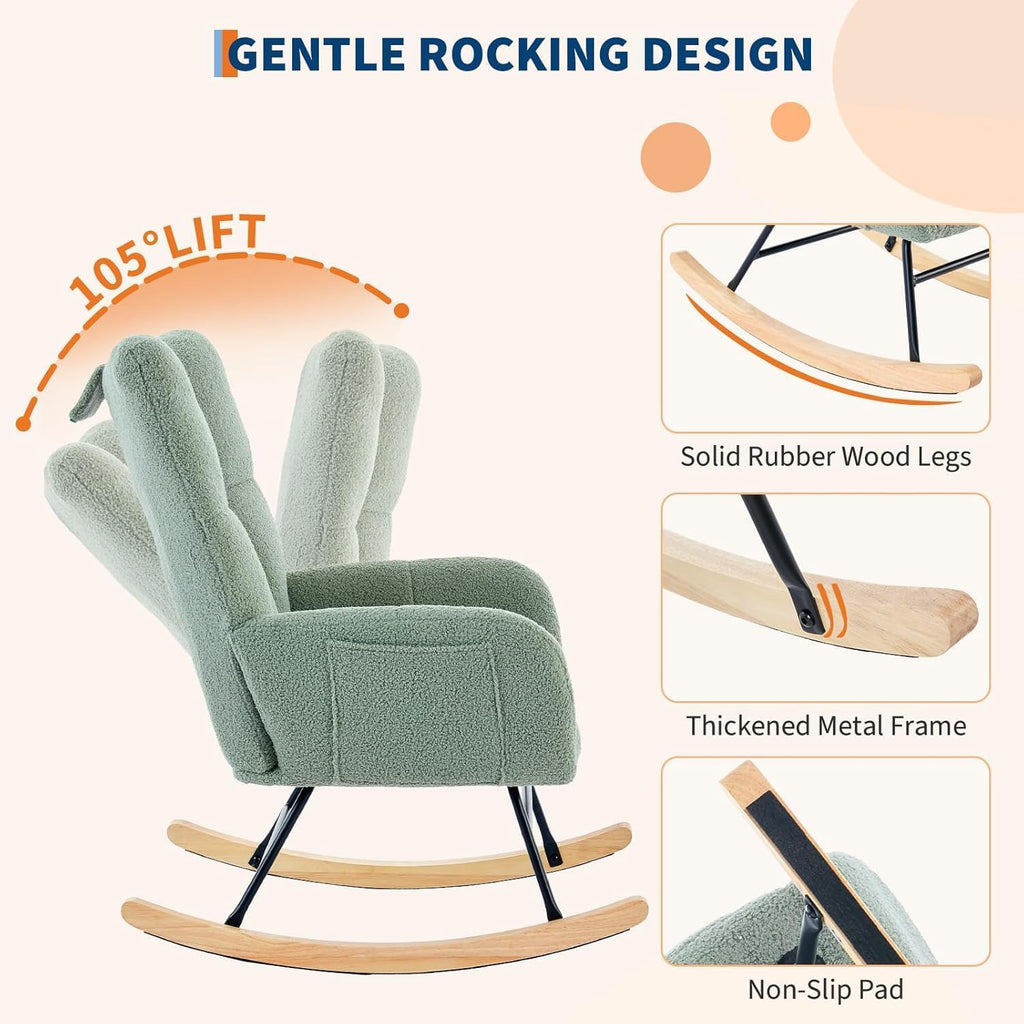 Rocking Chair Nursery Teddy, Upholstered Baby Fluffy Glider Rocker for Adults Small Spaces Indoor,Nursing Chairs for Living Room, Bedroom,Green