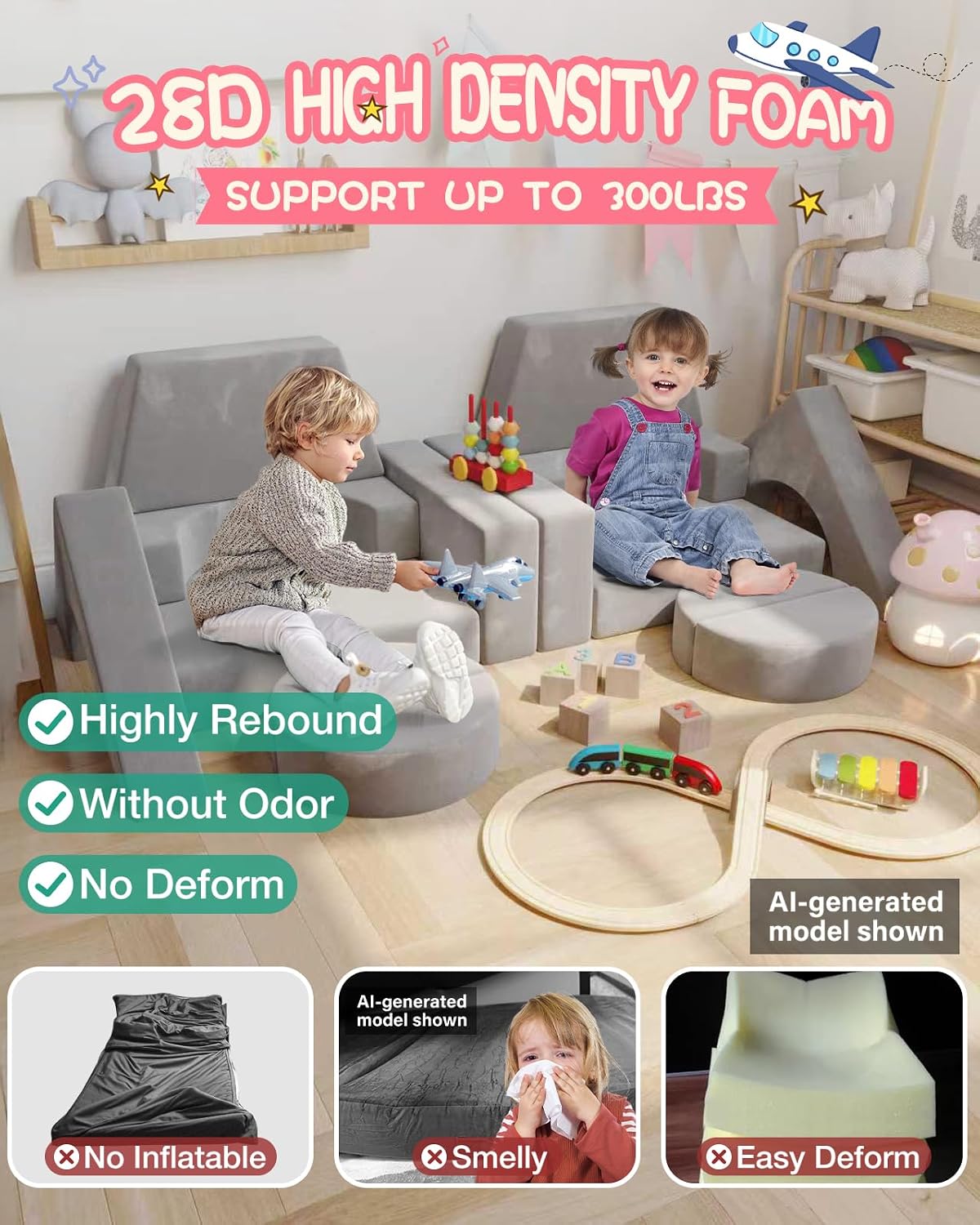 YEFU 15pcs Modular Kids Play Couch, Kids Couch for Toddler & Children, Toddler couches, Kid Couches Fort Building kit for Playroom Furniture, Kid Play Couches, Convertible Sofa for Boys & Girls, Grey
