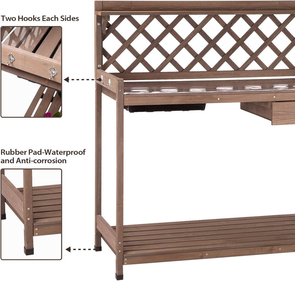GUTINNEEN Potting Bench Garden Table for Plants Outside Outdoor Wooden Garden Work Bench with Sink Storage PVC Layer Drawer Shelf Hook for Gardening