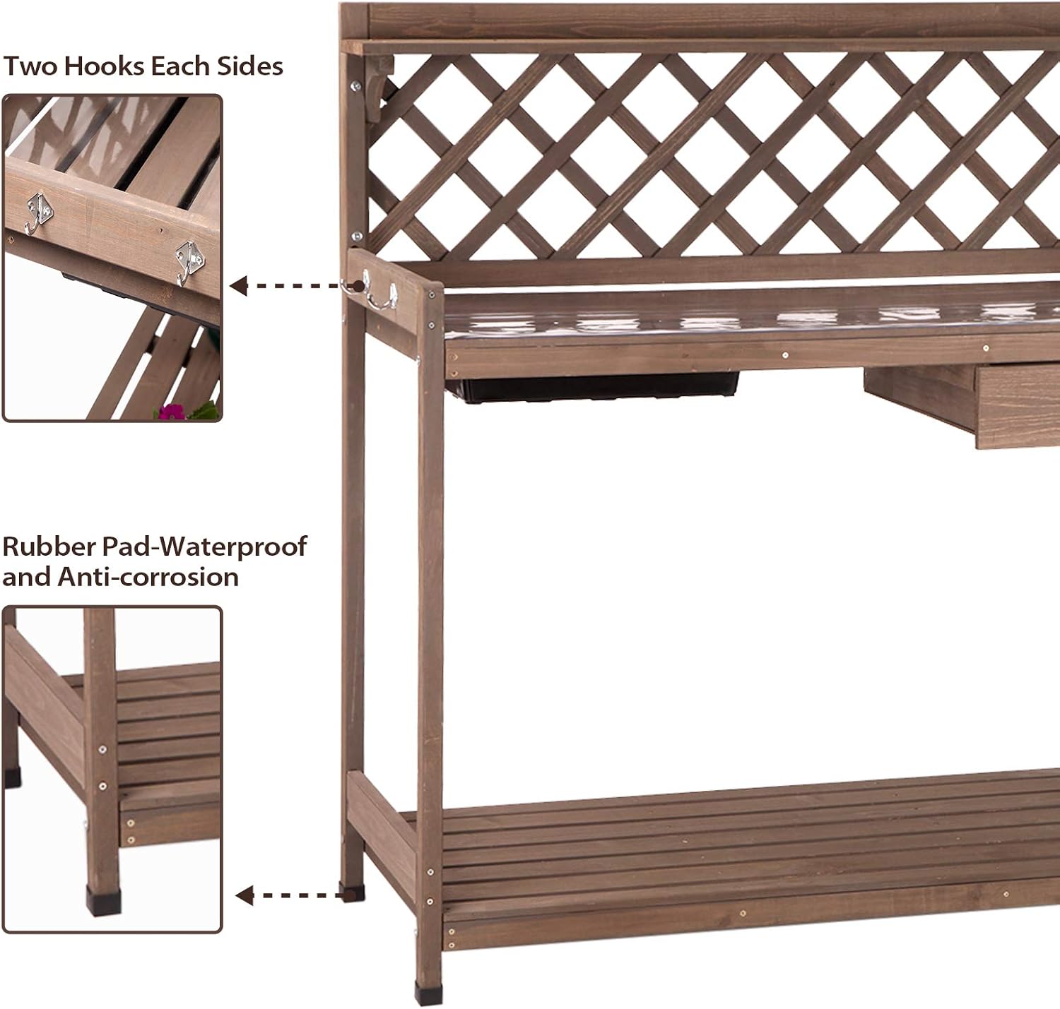 GUTINNEEN Potting Bench Garden Table for Plants Outside Outdoor Wooden Garden Work Bench with Sink Storage PVC Layer Drawer Shelf Hook for Gardening