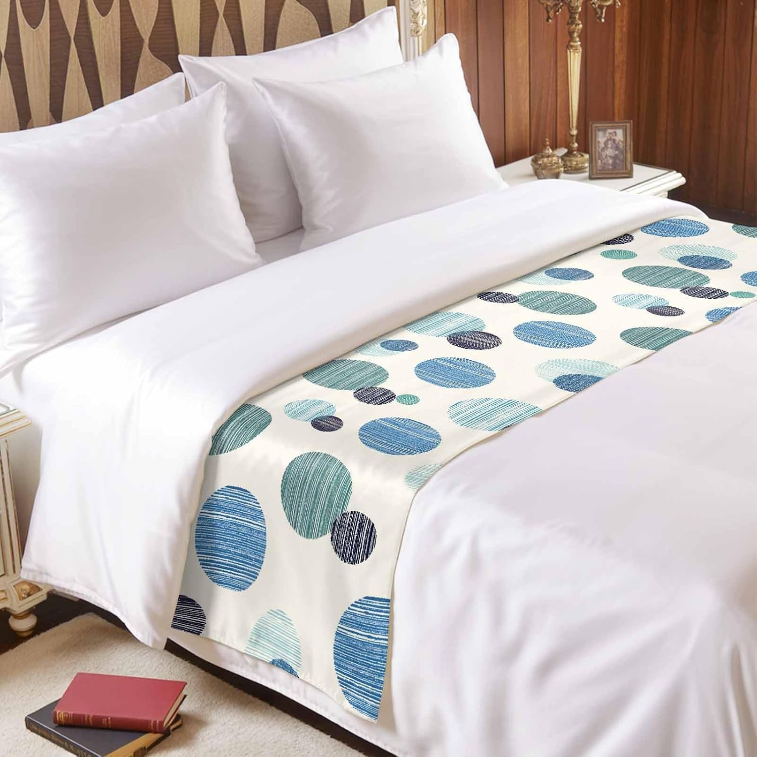 Abstract Geometric Bed Runner Bedding Decorative Scarf for Fits Cal King Bed, Farmhouse Vintage Polka Dot Teal Blue Luxury Fine Print Foot Throw with Satin for Hotels Homes, Guest Rooms, 102" x 20"