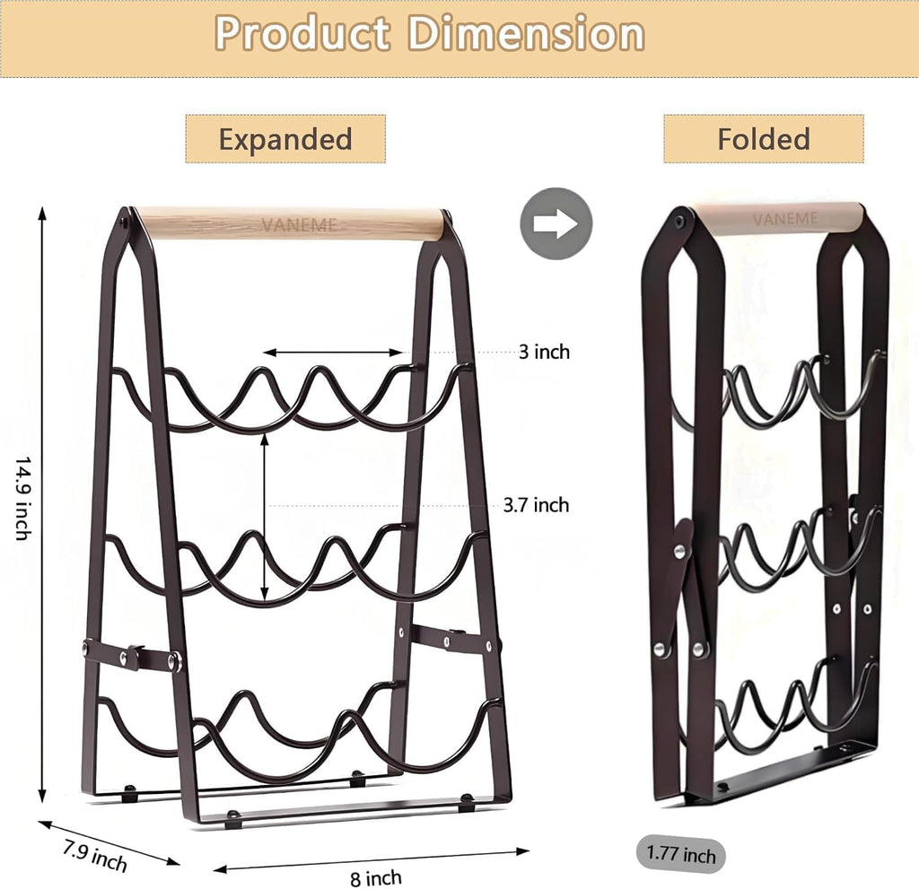 Wine Rack, 6-Bottle Foldable Wine Racks Countertop with Wooden Handle, 3-Tier No Assembly Wine Bottle Holder for Home Bar, Kitchen, Wine Cellar Storage (Black)