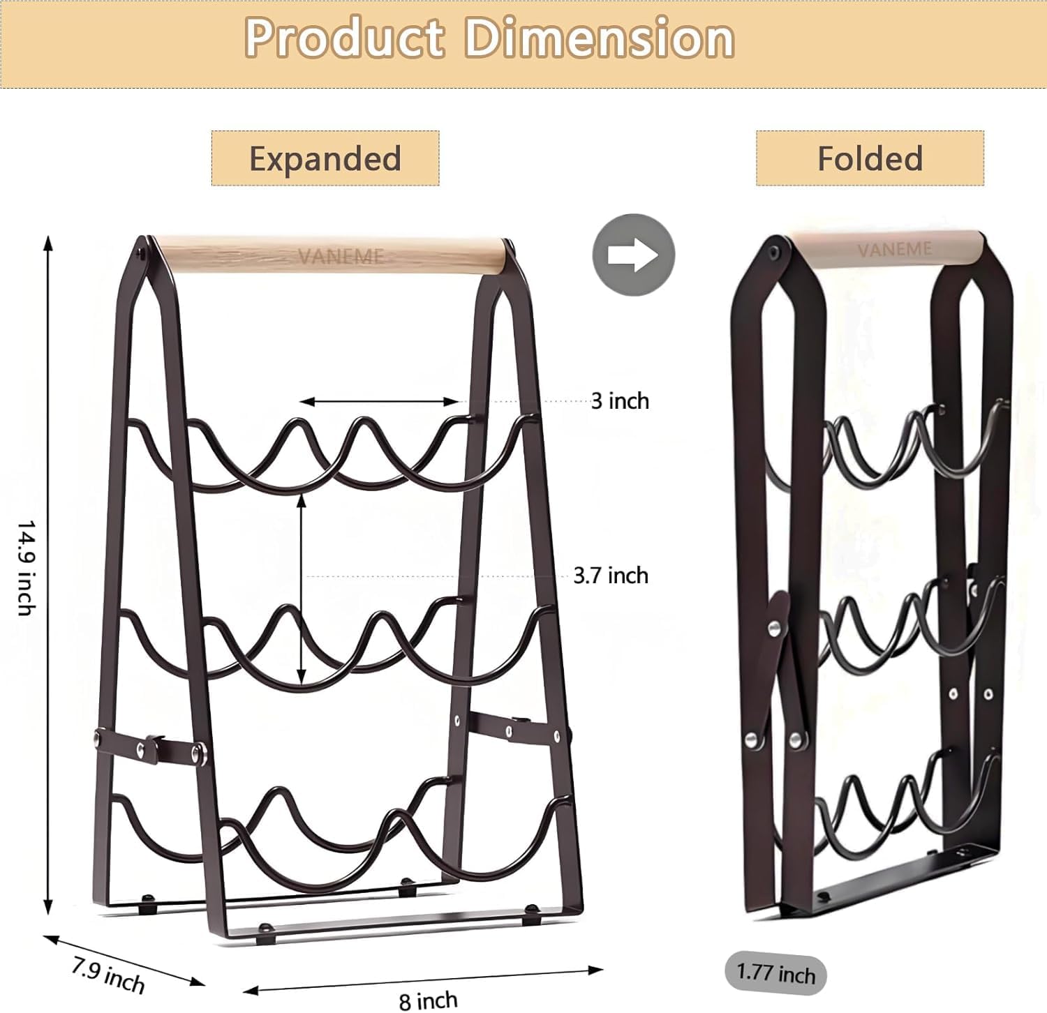 Wine Rack, 6-Bottle Foldable Wine Racks Countertop with Wooden Handle, 3-Tier No Assembly Wine Bottle Holder for Home Bar, Kitchen, Wine Cellar Storage (Black)
