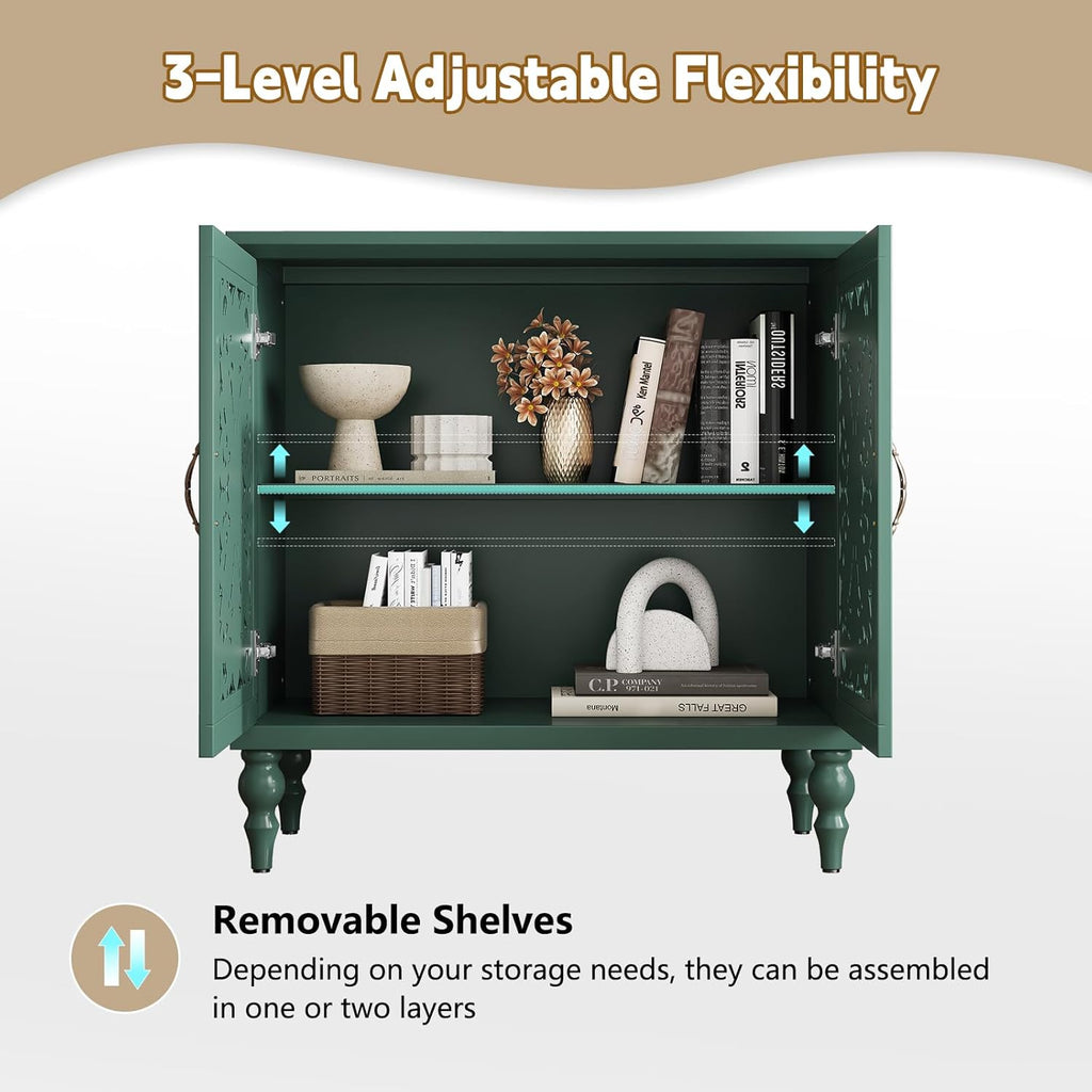 ARTPOWER Accent Cabinet with 2 Doors, Vintage Carved Wood Storage Cabinet, Sideboard Buffet Cabinet with Storage Credenza for Living Room, Kitchen, Dining Room, Entryway, Hallway, Green