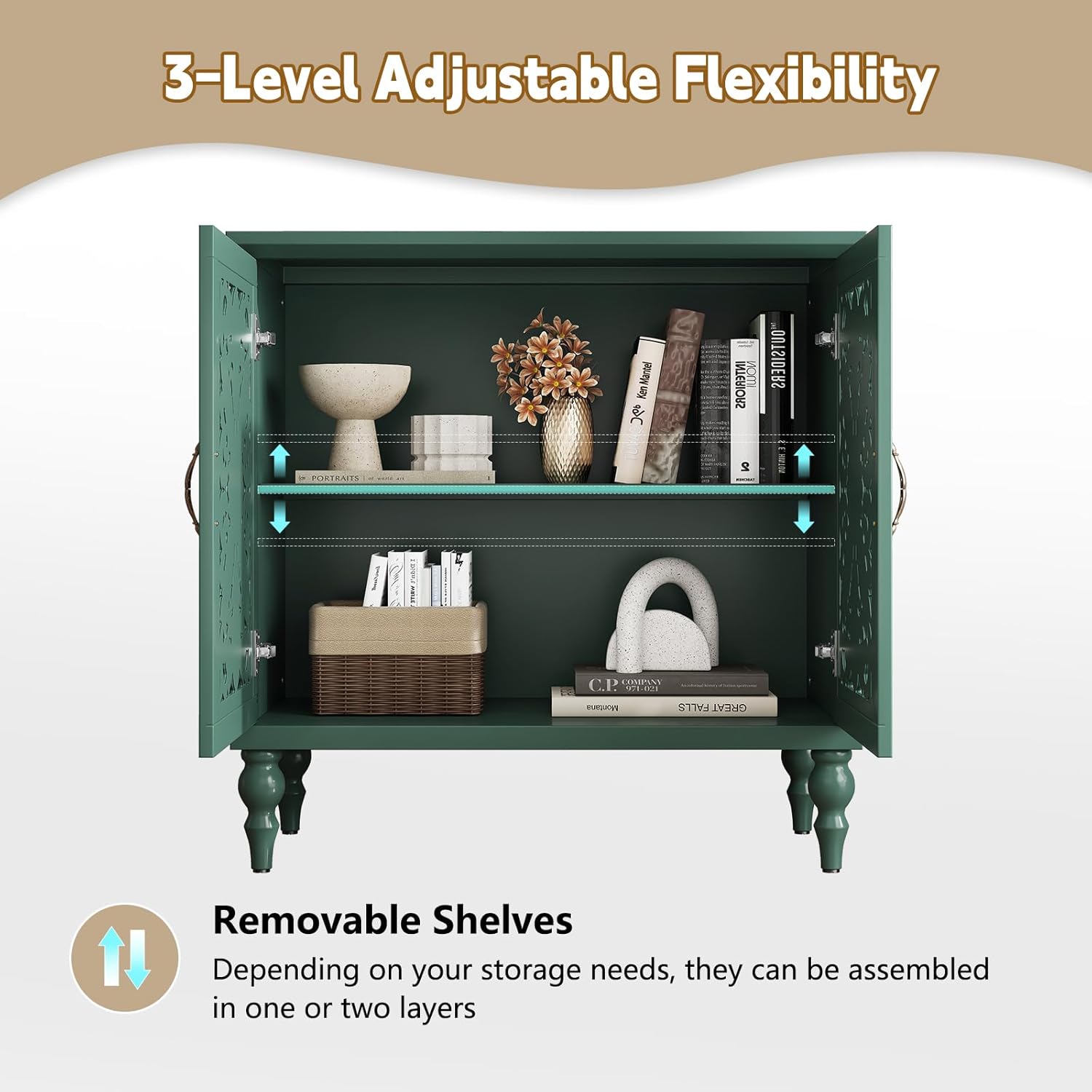 ARTPOWER Accent Cabinet with 2 Doors, Vintage Carved Wood Storage Cabinet, Sideboard Buffet Cabinet with Storage Credenza for Living Room, Kitchen, Dining Room, Entryway, Hallway, Green