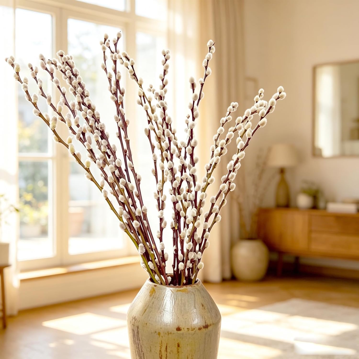 60 Stems 100% Natural 17 Inches Preserved Pussy Willow Flowers Pussy Willow Branches for Vases White Pussywillows for Festival Easter Wedding Home Party Hotel Fireplace Decor