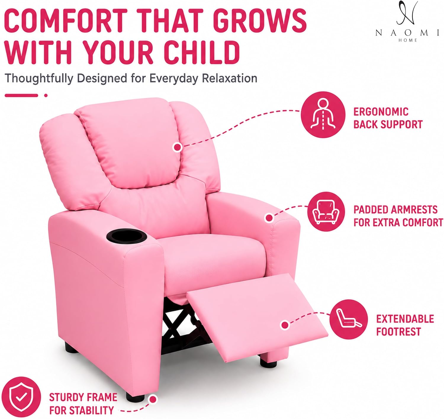 Naomi Home Suri Kids Recliner Chair: 150 Lbs Capacity & Solid Hardwood Frame for Ultimate Durability. Built to Grow Toddler & Children Sofa with Cup Holder, Footrest & 3 Recline Positions - Pink