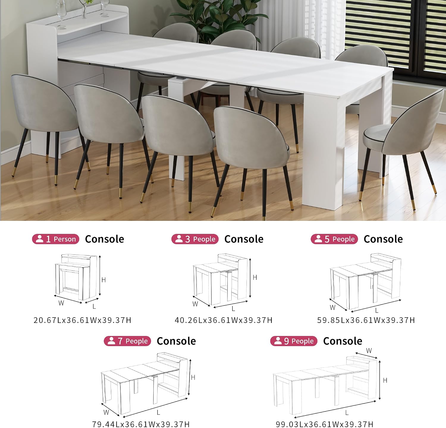 Transformer Dining Table, Extendable Console to Dining Table for 9, Folding Space Saving Dining Room Table Multipurpose Use, White
