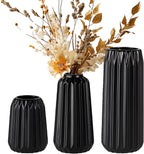 Black Ceramic Vases Set of 3 – Modern Ribbed Vase Centerpieces for Pampas Grass, Eucalyptus, Dried or Fresh Flowers, Minimalist Home Decor for Living Room, Bookshelf, Table & Office