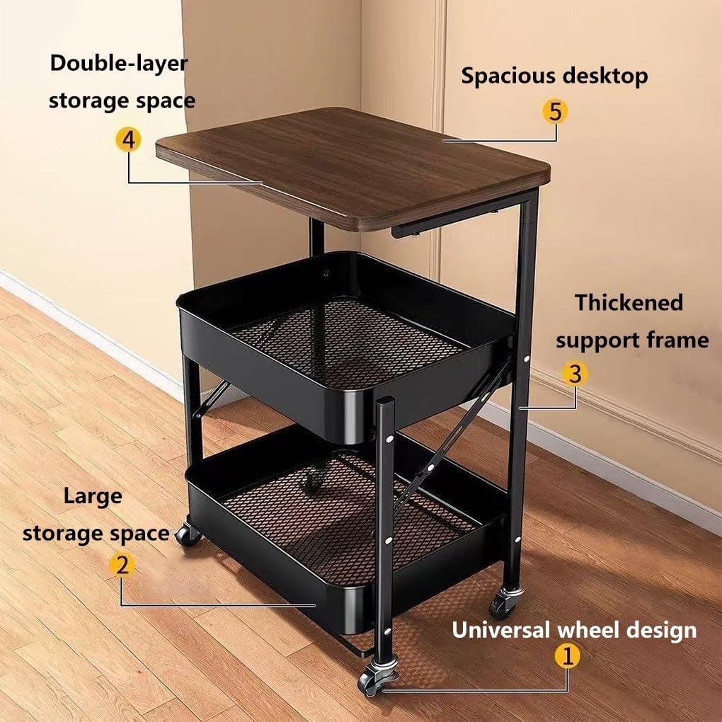 Foldable Narrow Modern Sofa Table with Open Storage Shelves, Movable Side Table End Table Snack Tables for Small Spaces Living Room Bedroom Bedside Balcony Kitchen(Black)