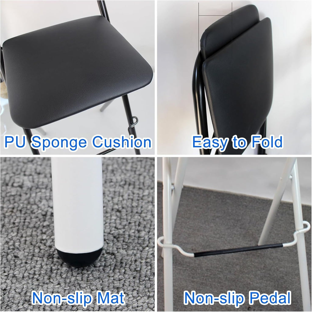 Folding Bar Stool with Backrest, Set of 2 Portable Folding Stool Chair PU Sponge Seat Tall Bar Stools - 300 lbs Capacity (Color : White, Size : Seat Height 27")