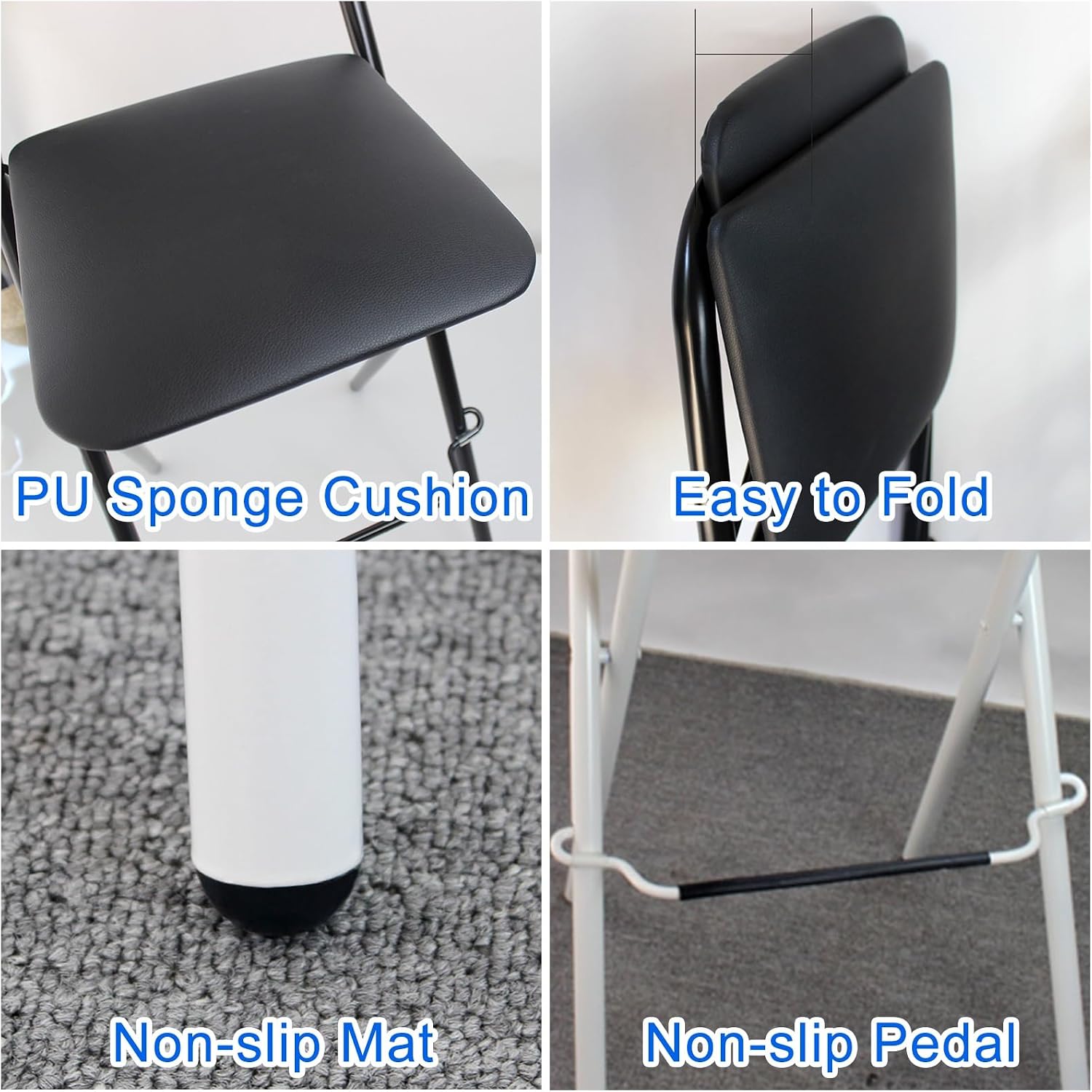 Folding Bar Stool with Backrest, Set of 2 Portable Folding Stool Chair PU Sponge Seat Tall Bar Stools - 300 lbs Capacity (Color : White, Size : Seat Height 27")