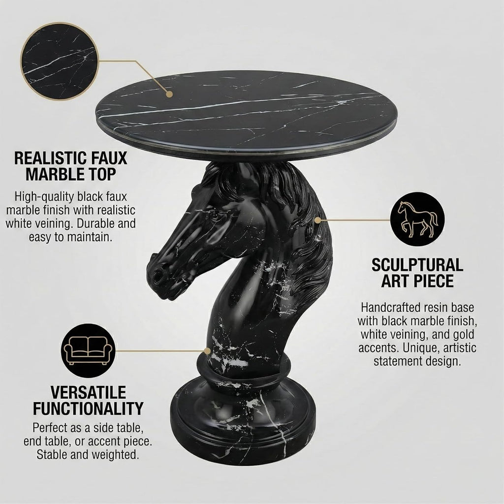 Horse Head Side Table, Faux Marble Round End Table with Resin Sculpture Pedestal Base, Small Accent Table for Living Room Bedroom Office, Modern Glam Decor, Black