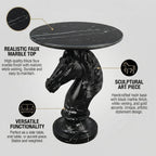 Horse Head Side Table, Faux Marble Round End Table with Resin Sculpture Pedestal Base, Small Accent Table for Living Room Bedroom Office, Modern Glam Decor, Black