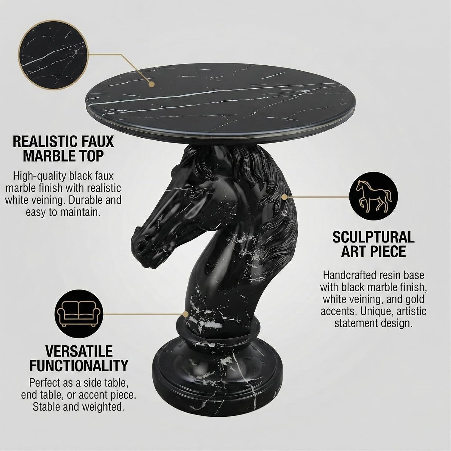 Horse Head Side Table, Faux Marble Round End Table with Resin Sculpture Pedestal Base, Small Accent Table for Living Room Bedroom Office, Modern Glam Decor, Black
