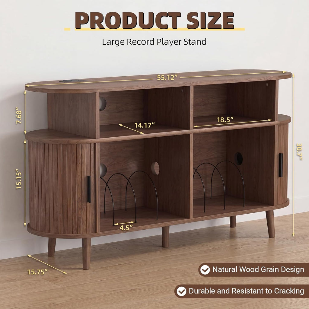 55-Inch Large Vinyl Record Rack with Charging Station, Mid-Century Walnut Record Storage Shelf, Open-Shelf Design with 3 Compartments, Vinyl Album Organizer for the Bedroom or Living Room