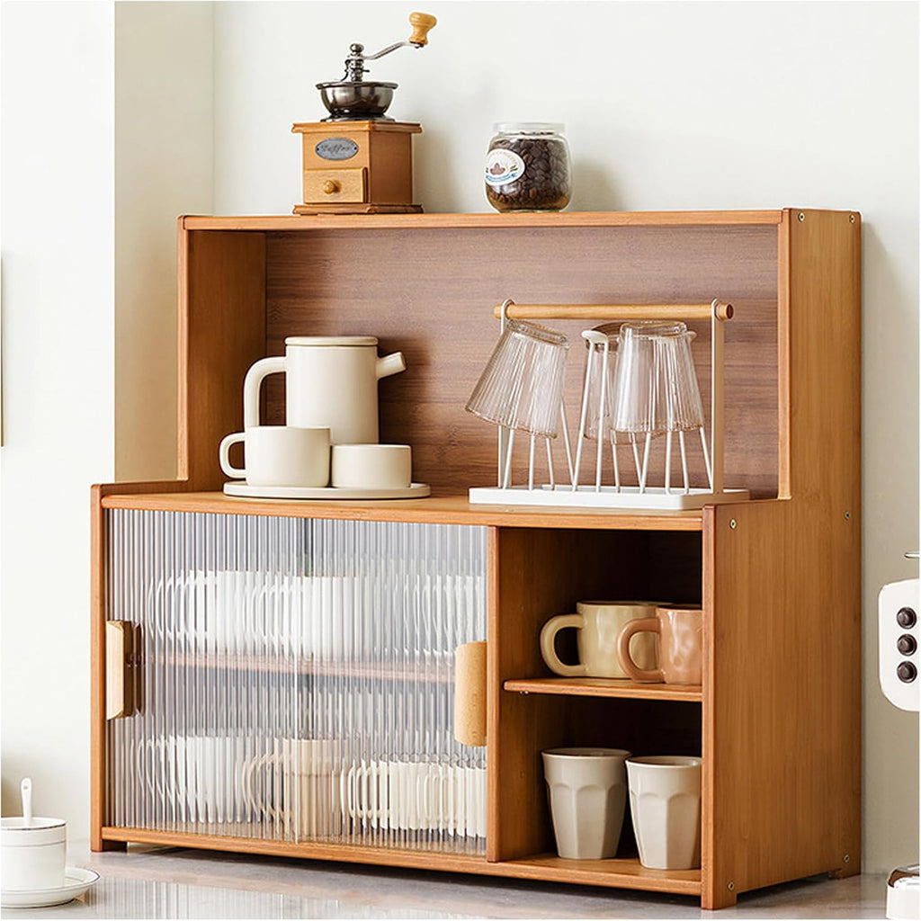 Modern Kitchen Storage Pantry Cabinet with Glass Doors & Adjustable Shelves Coffee Bar Microwave Stand Hutch Buffet Sideboard Living Room Cabinets Bakers Rack 24x26in