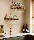 Homde Wall Mounted Wine Rack Set, 2 Pack Pine Wood Wine Racks with Glass Holder, Rustic Farmhouse Floating Bar Shelves for Liquor Bottles & Stemware for Home Bar/Kitchen/Living Room Decor
