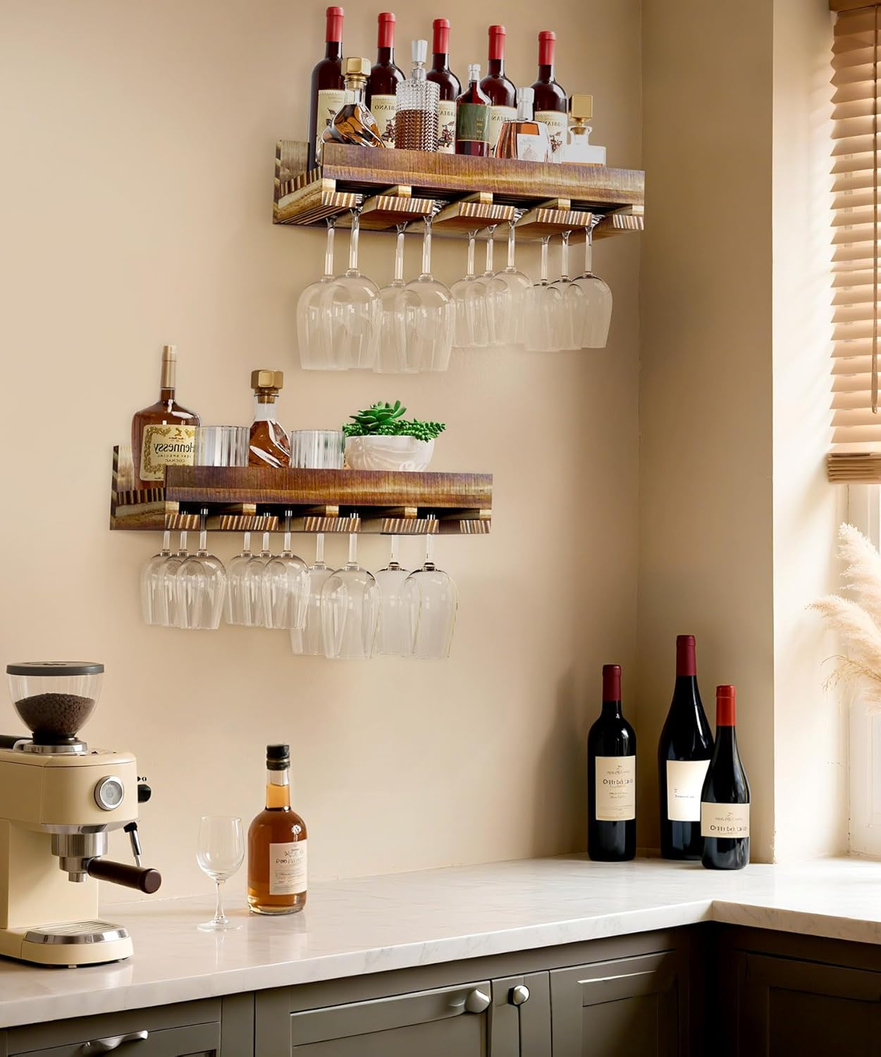 Homde Wall Mounted Wine Rack Set, 2 Pack Pine Wood Wine Racks with Glass Holder, Rustic Farmhouse Floating Bar Shelves for Liquor Bottles & Stemware for Home Bar/Kitchen/Living Room Decor