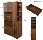 70.87" Tall Microwave Cart with Storage, Kitchen Pantry Cabinet with Multi-functional Pull-out Multi-tier Storage Shelf, 4-Tier Side Shelf 2 Drawers with Glass Door for Dining Room Home Office, Walnut