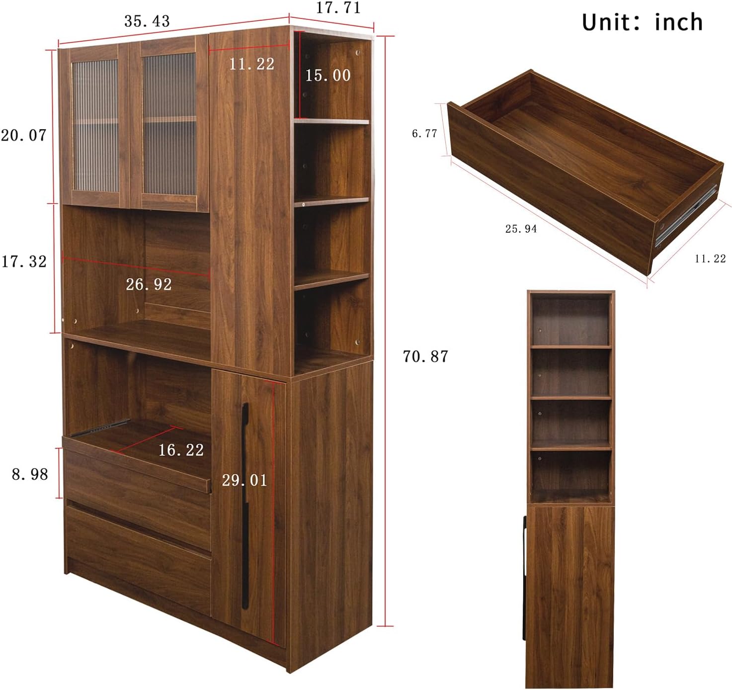 70.87" Tall Microwave Cart with Storage, Kitchen Pantry Cabinet with Multi-functional Pull-out Multi-tier Storage Shelf, 4-Tier Side Shelf 2 Drawers with Glass Door for Dining Room Home Office, Walnut