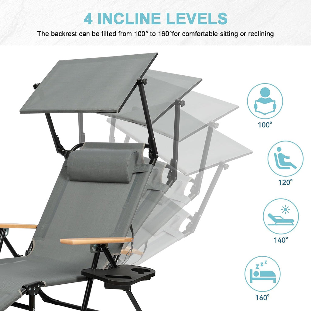 Outdoor Chaise Lounge Chair with 4-Position Adjustable Backrest,Patio Folding Sun Tanning Chair,Pillow & Cup Holder,Portable Recliner Sunbathing Lounger Chairs for Beach Garden (Grey with Shade)