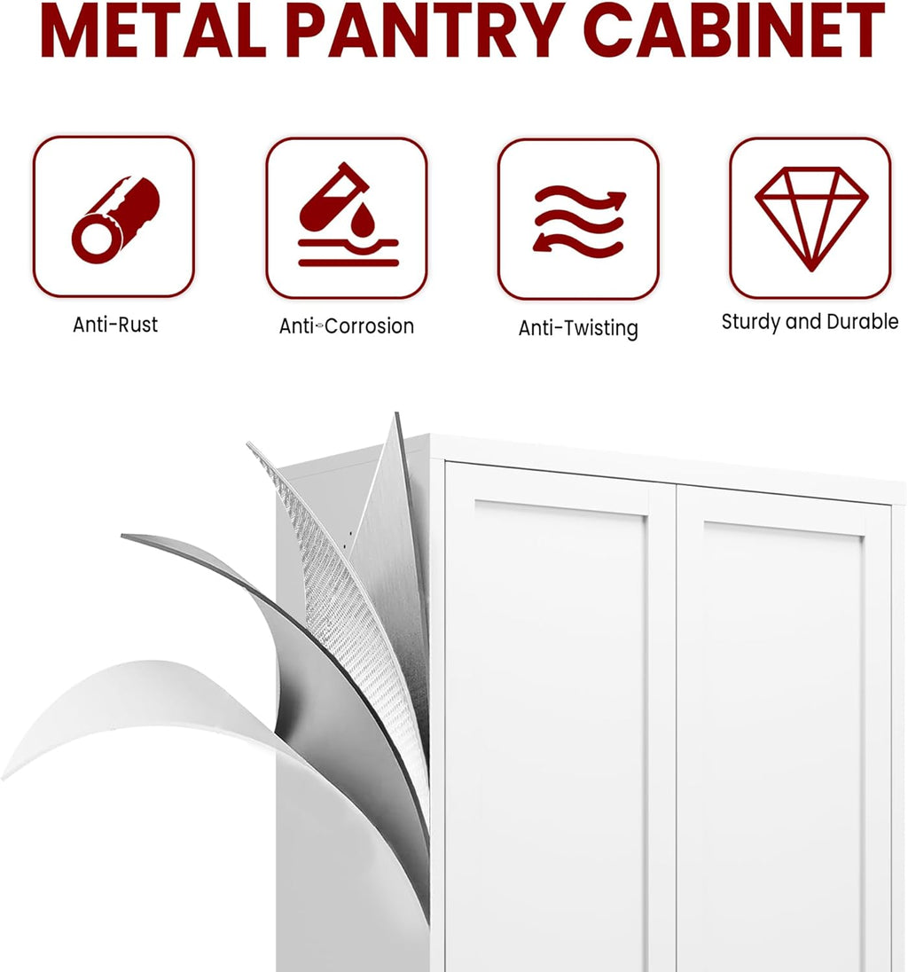 AQY Kitchen Pantry Cabinet,72" White Pantry Storage Cabinet with 5 Tier Adjustable Shelves and 2 Doors,Freestanding Cupboard,Metal Pantry Cabinets with Handle for Living Room Kitchen Assembly Required
